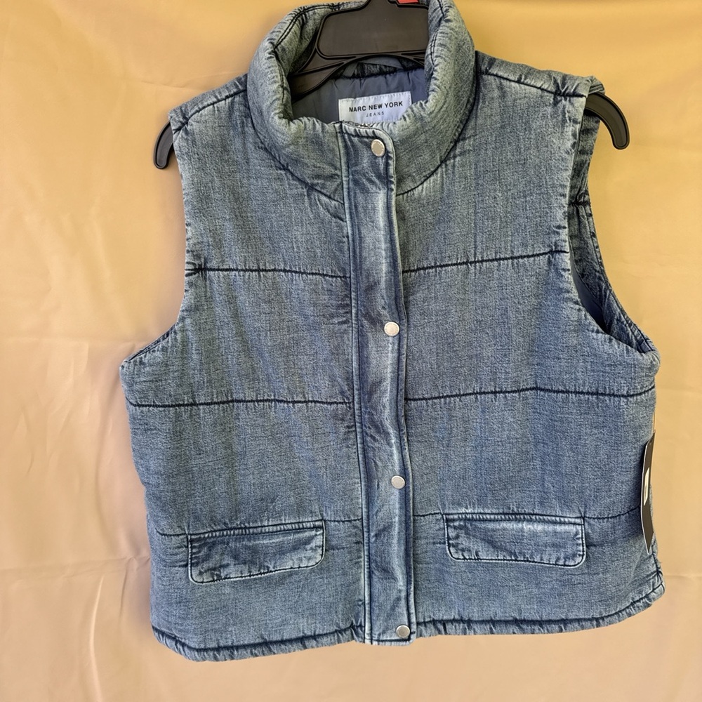 Marc New York Denim-Look Puffer Vest in Light Blue Wash